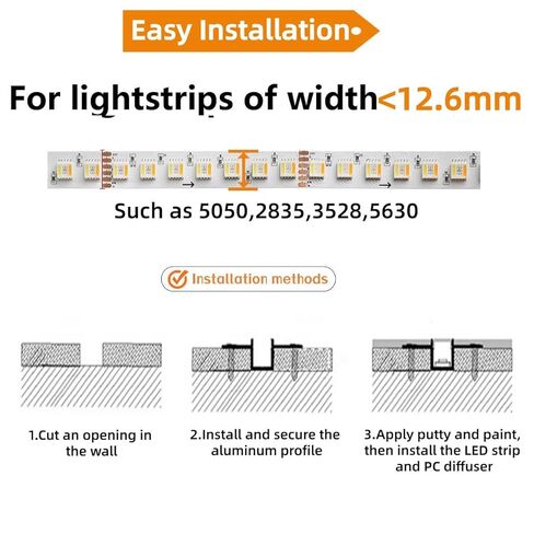 قناة LED مجوفة بدون حواف من الألومنيوم، قناة موزع ضوء شريط LED مع غطاء أبيض حليبي، عرض 12.6 مم لإضاءة خزانة حائط السقف الجاف، 6 عبوات 1 متر/3.3 قدم in Saudi Arabia