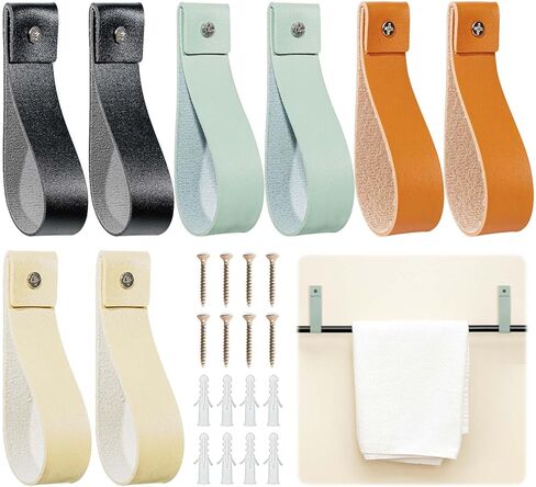 8 Pack PU Leather Wall Hooks & Straps with Decorative Pearl Screw Caps, Boho Leather Curtain Rod Holder for Wall, Hanging Loops for Towels & Oars, Modern Farmhouse DIY Cabinet Pulls, Mixed Colors in Saudi Arabia
