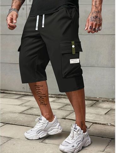 Men's Cargo Capri Pants, Multi-Pocket Elastic Waist Drawstring, Casual Cargo Shorts, for Outdoor Hiking, Camping, Daily Wear in Saudi Arabia