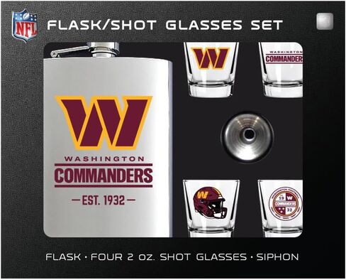 NFL Washington Commanders and Shot Glass Gift Set, Stainless Steel, 8oz Flask with Four 2oz Glasses, Team Logo Design, EST. 1932 in Saudi Arabia
