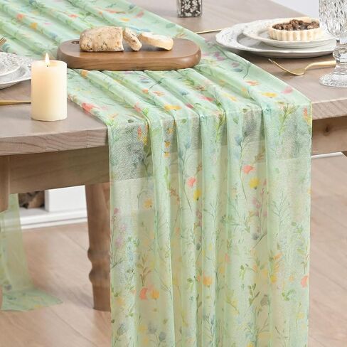 Artoid Mode Floral Spring Boho Green Chiffon Table Runner 120 Inches 10FT,Seasonal Fabric Kitchen Dining Holiday Table Decor for Home Party in Saudi Arabia