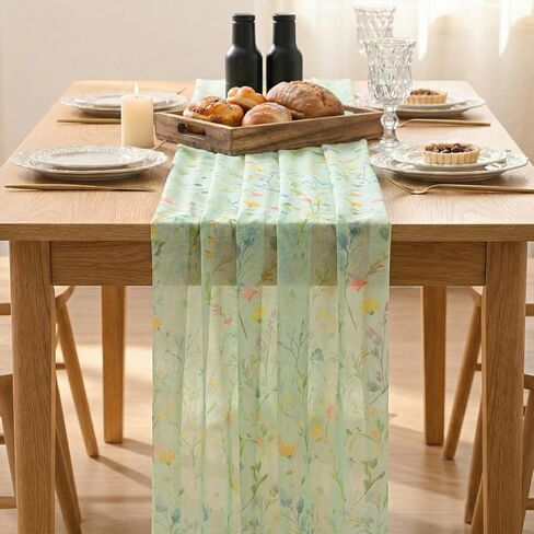 Artoid Mode Floral Spring Boho Green Chiffon Table Runner 120 Inches 10FT,Seasonal Fabric Kitchen Dining Holiday Table Decor for Home Party in Saudi Arabia
