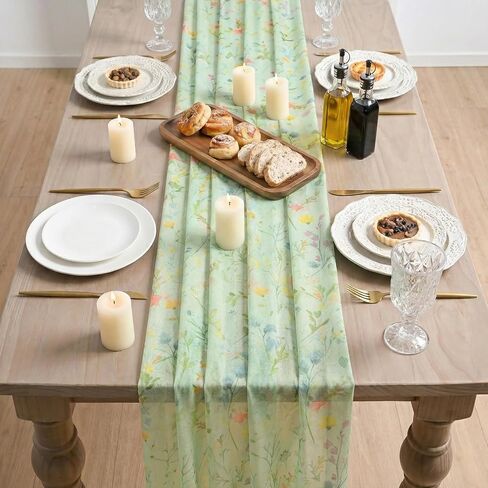 Artoid Mode Floral Spring Boho Green Chiffon Table Runner 120 Inches 10FT,Seasonal Fabric Kitchen Dining Holiday Table Decor for Home Party in Saudi Arabia