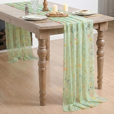 Artoid Mode Floral Spring Boho Green Chiffon Table Runner 120 Inches 10FT,Seasonal Fabric Kitchen Dining Holiday Table Decor for Home Party in Saudi Arabia
