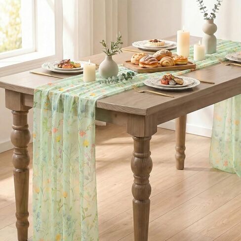 Artoid Mode Floral Spring Boho Green Chiffon Table Runner 120 Inches 10FT,Seasonal Fabric Kitchen Dining Holiday Table Decor for Home Party in Saudi Arabia