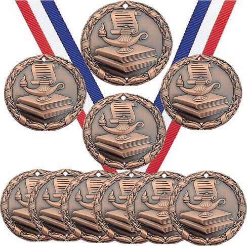Bronze Book and Lamp Scholastic Medals Trophy Champion Participant Award Prize with Neck Ribbons (Pack of 10) in Saudi Arabia