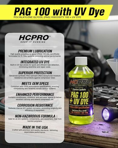 HCPRO PAG 100 UV Dye A/C Compressor Oil – High-Viscosity Leak Detection Lubricant for Automotive Air Conditioning Systems, Professional-Grade PAG 100 Lubricant for A/C Compressor Protection (1) in Saudi Arabia