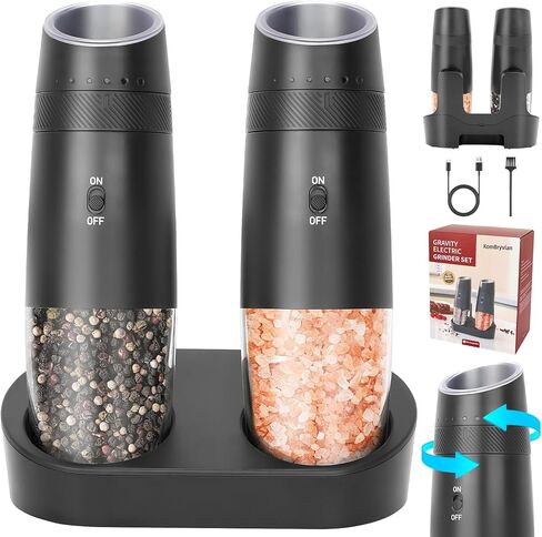 Gravity Electric Salt and Pepper Grinder Set - Rechargeable with Charging Base, Adjustable Coarseness, One-Handed Operation, LED Light, Ideal for Home Kitchen (Black) in Saudi Arabia