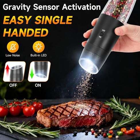 Gravity Electric Salt and Pepper Grinder Set - Rechargeable with Charging Base, Adjustable Coarseness, One-Handed Operation, LED Light, Ideal for Home Kitchen (Black) in Saudi Arabia