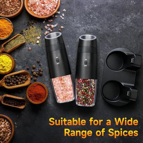 Gravity Electric Salt and Pepper Grinder Set - Rechargeable with Charging Base, Adjustable Coarseness, One-Handed Operation, LED Light, Ideal for Home Kitchen (Black) in Saudi Arabia
