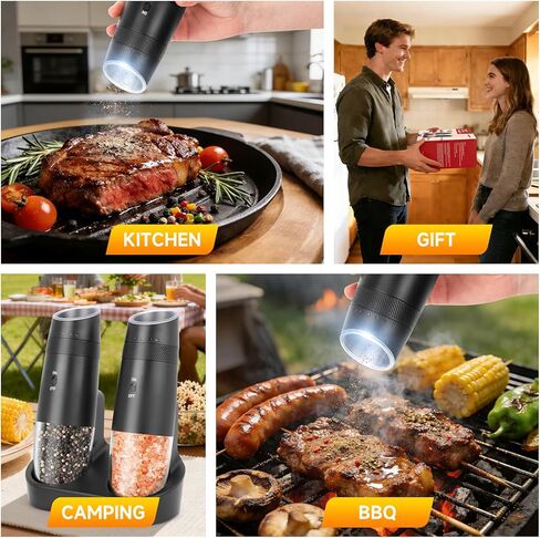 Gravity Electric Salt and Pepper Grinder Set - Rechargeable with Charging Base, Adjustable Coarseness, One-Handed Operation, LED Light, Ideal for Home Kitchen (Black) in Saudi Arabia