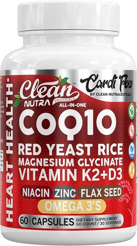 كلين نوترا CoQ10، أرز الخميرة الحمراء، جليسينات المغنيسيوم، فيتامين K2، D3، النياسين، الزنك، بذور الكتان، أوميغا 3، 60 كبسولة الكل في تركيبة واحدة، مكونات ممتازة، مكمل غذائي in Saudi Arabia