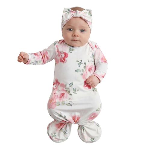Baby Knotted Gown Newborns 0-6 Months, Soft Breathable Newborn Sleeper Gowns, Baby Girl Coming Home Outfit Essential Gift Watercolor Floral with Headband Set in Saudi Arabia