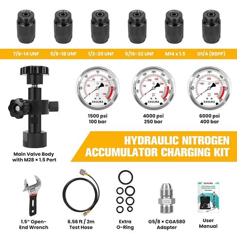 Hydraulic Nitrogen Accumulator Charging Kit with 7 Adapter Types, 3 Gauges (1500/4000/6000 PSI) & Gas Hose, CGA580 Compatible – Professional Nitrogen Charge Kit for Heavy Equipment in Saudi Arabia
