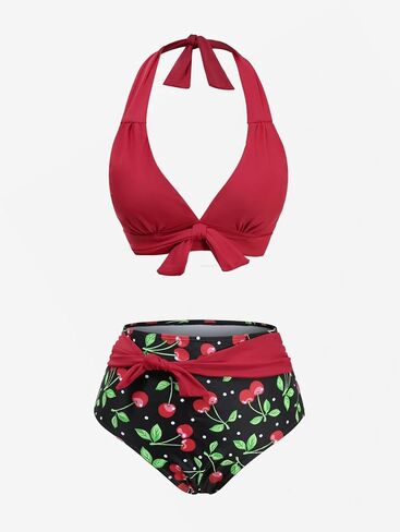DRESSFO Womens Retro Bikini Set 2 Piece Halter Cherry Printed High Waist Tummy Control Vintage Tankini Bathing Suit in Saudi Arabia