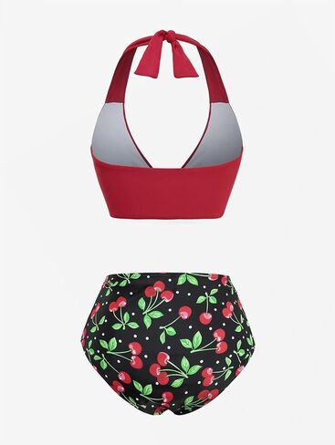 DRESSFO Womens Retro Bikini Set 2 Piece Halter Cherry Printed High Waist Tummy Control Vintage Tankini Bathing Suit in Saudi Arabia