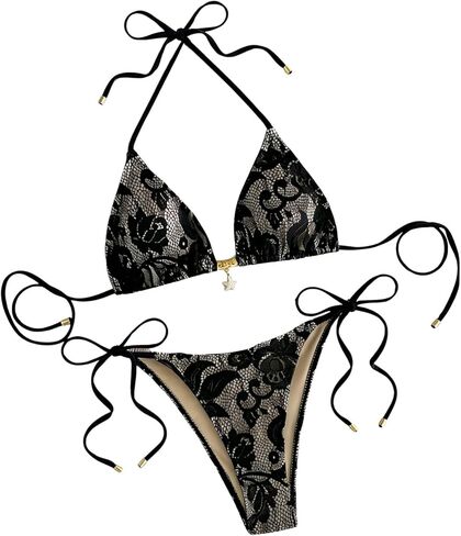 Verdusa Women's 2 Piece Floral Lace Bikini Sets Halter String Cheeky High Cut Swimsuits in Saudi Arabia