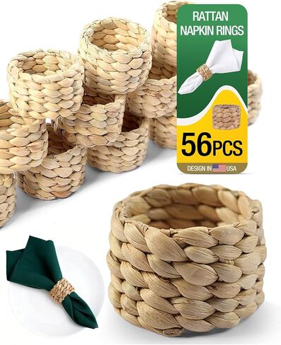 56 Pcs Rattan Napkin Rings Set, Woven Wicker Napkin Holders Bulk, Natural Water Hyacinth Handmade Boho Table Decor for Thanksgiving, Christmas, Wedding Table Dinnerware Decoration Set in Saudi Arabia
