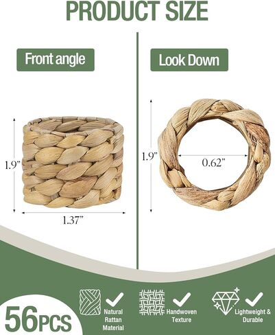56 Pcs Rattan Napkin Rings Set, Woven Wicker Napkin Holders Bulk, Natural Water Hyacinth Handmade Boho Table Decor for Thanksgiving, Christmas, Wedding Table Dinnerware Decoration Set in Saudi Arabia