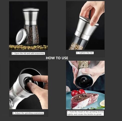 Stainless Steel Salt and Pepper Grinder-Adjustable Coarseness of Pepper Salt Spice Stainless Steel Mills Glass 6.76oz in Saudi Arabia