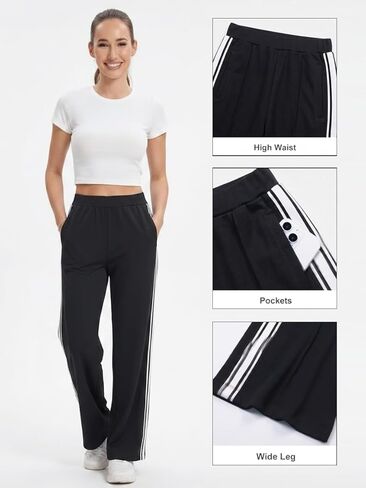 BISUAL السراويل المسار النساء واسعة الساق عالية الخصر القطن تمتد Sweatpants فضفاض التباين الجانب المشارب عرق السراويل in Kuwait