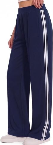 BISUAL السراويل المسار النساء واسعة الساق عالية الخصر القطن تمتد Sweatpants فضفاض التباين الجانب المشارب عرق السراويل in Kuwait
