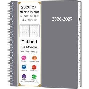 مخطط شهري 2026-2027، مخطط تقويم لمدة عامين، يناير 2026 - ديسمبر 2027، 8.5 بوصة × 11 بوصة، جدول أعمال حلزوني كبير، 24 شهرًا، مع علامات تبويب وجيب، غطاء مرن، منظم للمدرسة المنزلية والمكتبية، رمادي in Kuwait