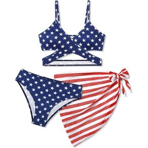 NAPU 4th of July ملابس سباحة للفتيات 3 قطع العلم الأمريكي ثوب السباحة فتاة متقاطعة مجموعة البكيني مع التستر 7-16 سنة in Kuwait