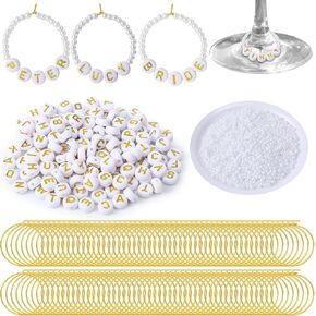 Suncalla 32 Set Personalized Pearl Wine Glass Charms Rings 32 Tone Hoops 300 Letters Beads 1000 White Pearl DIY Wine Glass Markers for Birthday Bridal Shower Party Favors in Kuwait