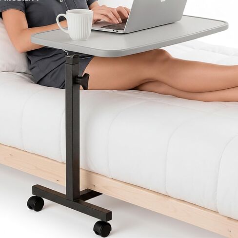 طاولة Vive Overbed (XL) - طاولة سرير المستشفى - صينية دوارة ذات عجلة دوارة - مكتب منزلي بجانب السرير قابل للتعديل - كمبيوتر محمول، قراءة، حامل عربة الإفطار - طريح الفراش، كبار السن (بني) in Kuwait