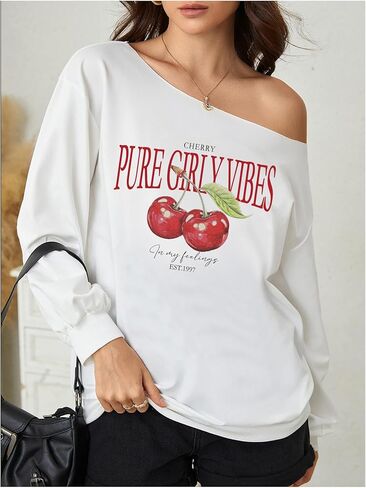 SweatyRocks Women's Off the Shoulder Oversized Sweatshirts Cherry Graphic Pullovers Sweatshirts in Saudi Arabia