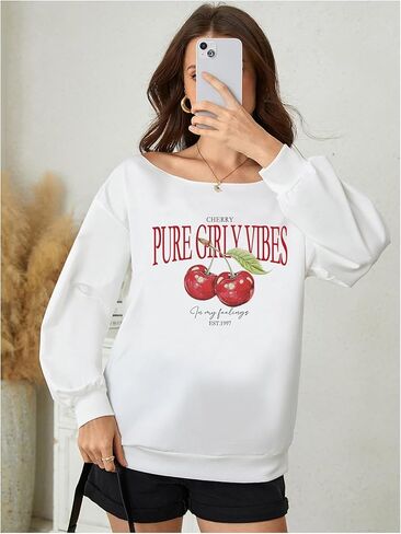 SweatyRocks Women's Off the Shoulder Oversized Sweatshirts Cherry Graphic Pullovers Sweatshirts in Saudi Arabia