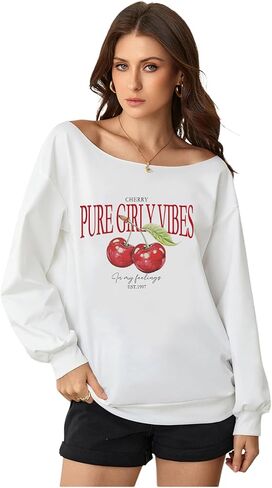 SweatyRocks Women's Off the Shoulder Oversized Sweatshirts Cherry Graphic Pullovers Sweatshirts in Saudi Arabia