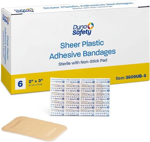 Dynarex Sheer Plastic Adhesive Bandages Water-Resistant and Sterile Non-Stick Pad First Aid Covers Minor Cuts Scratches - 2" x 3", 1 Box of 6 in Saudi Arabia