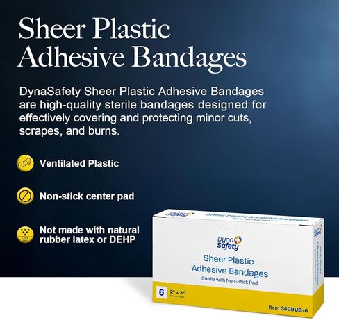 Dynarex Sheer Plastic Adhesive Bandages Water-Resistant and Sterile Non-Stick Pad First Aid Covers Minor Cuts Scratches - 2" x 3", 1 Box of 6 in Saudi Arabia