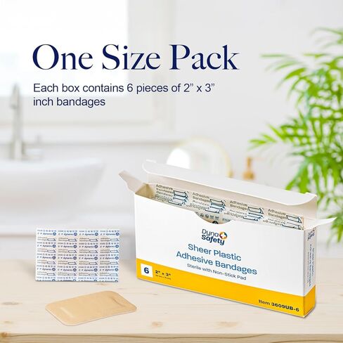 Dynarex Sheer Plastic Adhesive Bandages Water-Resistant and Sterile Non-Stick Pad First Aid Covers Minor Cuts Scratches - 2" x 3", 1 Box of 6 in Saudi Arabia