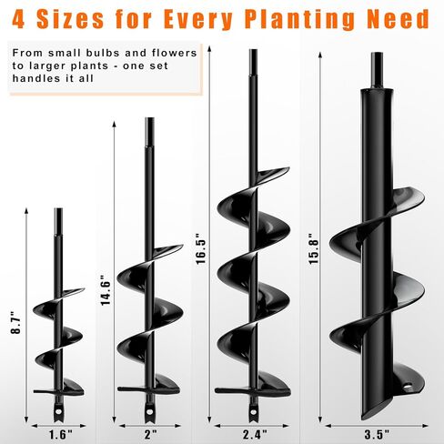 لقمة مثقاب للزراعة، 4 عبوات من مثاقب الحديقة - 1.6 × 8.7، 2 × 14.6، 2.4 × 16.5، 3.5 × 15.8 بوصة، مثقاب أرضي حلزوني لأداة زرع اللمبة وحفار ما بعد الثقب، متوافق مع محرك سداسي مقاس 3/8 بوصة in Kuwait