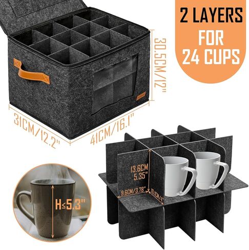 2-Layer Mug Storage Box with Dividers, Coffee Cup Storage Organizer with Zipper Lid, Stackable Mug and Cup Organizer for 24 Coffee Mugs Cups Glasses in Saudi Arabia