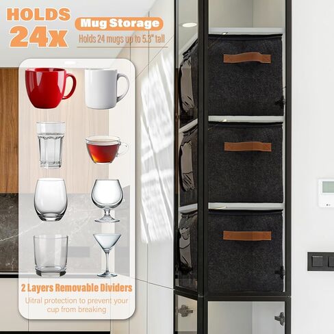 2-Layer Mug Storage Box with Dividers, Coffee Cup Storage Organizer with Zipper Lid, Stackable Mug and Cup Organizer for 24 Coffee Mugs Cups Glasses in Saudi Arabia
