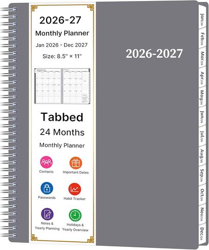 مخطط شهري 2026-2027، مخطط تقويم لمدة عامين، يناير 2026 - ديسمبر 2027، 8.5 بوصة × 11 بوصة، جدول أعمال حلزوني كبير، 24 شهرًا، مع علامات تبويب وجيب، غطاء مرن، منظم للمدرسة المنزلية والمكتبية، رمادي in Kuwait