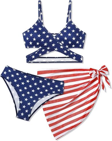 NAPU 4th of July ملابس سباحة للفتيات 3 قطع العلم الأمريكي ثوب السباحة فتاة متقاطعة مجموعة البكيني مع التستر 7-16 سنة in Kuwait