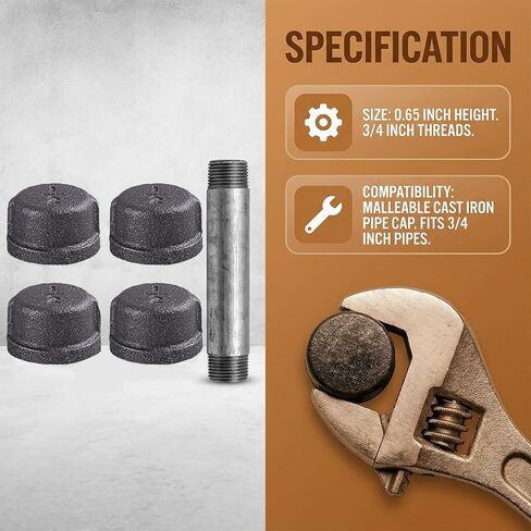 1/2" Malleable Iron Cast Pipe Fitting Cap Caps Threaded Pipe for Threaded Black Pipes and Fittings, DIY Steampunk Industrial Vintage Style 4pcs in Kuwait
