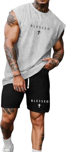 Men's Summer Thin Letter Cross Print Tank Top Sleeveless T-shirt Shorts 2-piece Set Casual Vacation Beach Sports Athletic in Saudi Arabia