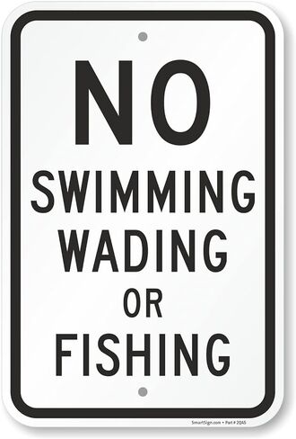 SmartSign 18 x 12 inch “No Swimming, Wading Or Fishing" Sign, 2mm Thick Aluminum Composite, Pre-Drilled Holes, Black and White, Made in USA in Saudi Arabia