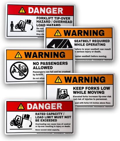 Forklift Safety Labels Kit – ANSI Z535 Style Warning Decals – Tip-Over, Seatbelt, No Riders, Capacity Limit & Fork Height – Industrial Vinyl – 3.5 x 7 Inch – 5 Pack in Saudi Arabia
