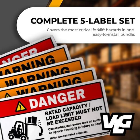 Forklift Safety Labels Kit – ANSI Z535 Style Warning Decals – Tip-Over, Seatbelt, No Riders, Capacity Limit & Fork Height – Industrial Vinyl – 3.5 x 7 Inch – 5 Pack in Saudi Arabia