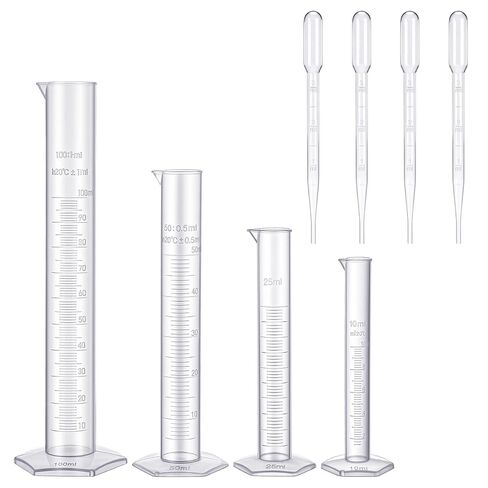 8PCS Graduated Cylinder Plastic Test Tubes Graduated Measuring Cylinder Set with Hexagonal Base Cylinders Transparent 4 Sizes 100/50/25/10ml Measuring Cylinders Lab with 4 Plastic Droppers in 3ml in Saudi Arabia