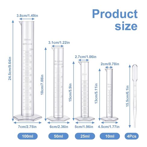 8PCS Graduated Cylinder Plastic Test Tubes Graduated Measuring Cylinder Set with Hexagonal Base Cylinders Transparent 4 Sizes 100/50/25/10ml Measuring Cylinders Lab with 4 Plastic Droppers in 3ml in Saudi Arabia