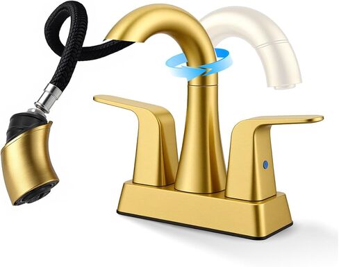 ‌BRAVEBAR Matte Black Bathroom Faucet 4 Inch Centerset 3 Hole, 2 Handle Faucet with Heat-Resistant Pull-Out Sprayer, 360° Swivel Spout & Pop-Up Drain, BF-116B in Saudi Arabia