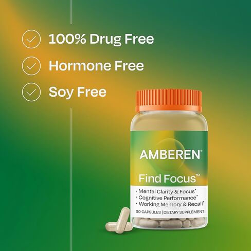 Amberen Find Focus, Menopause Supplement for Women, Clinically Proven Bacopa monnieri supports Mental Clarity, Focus, Cognition, Working Memory & Recall, Hormone & Soy Free, 60 Capsules, 30 Day Supply in Saudi Arabia